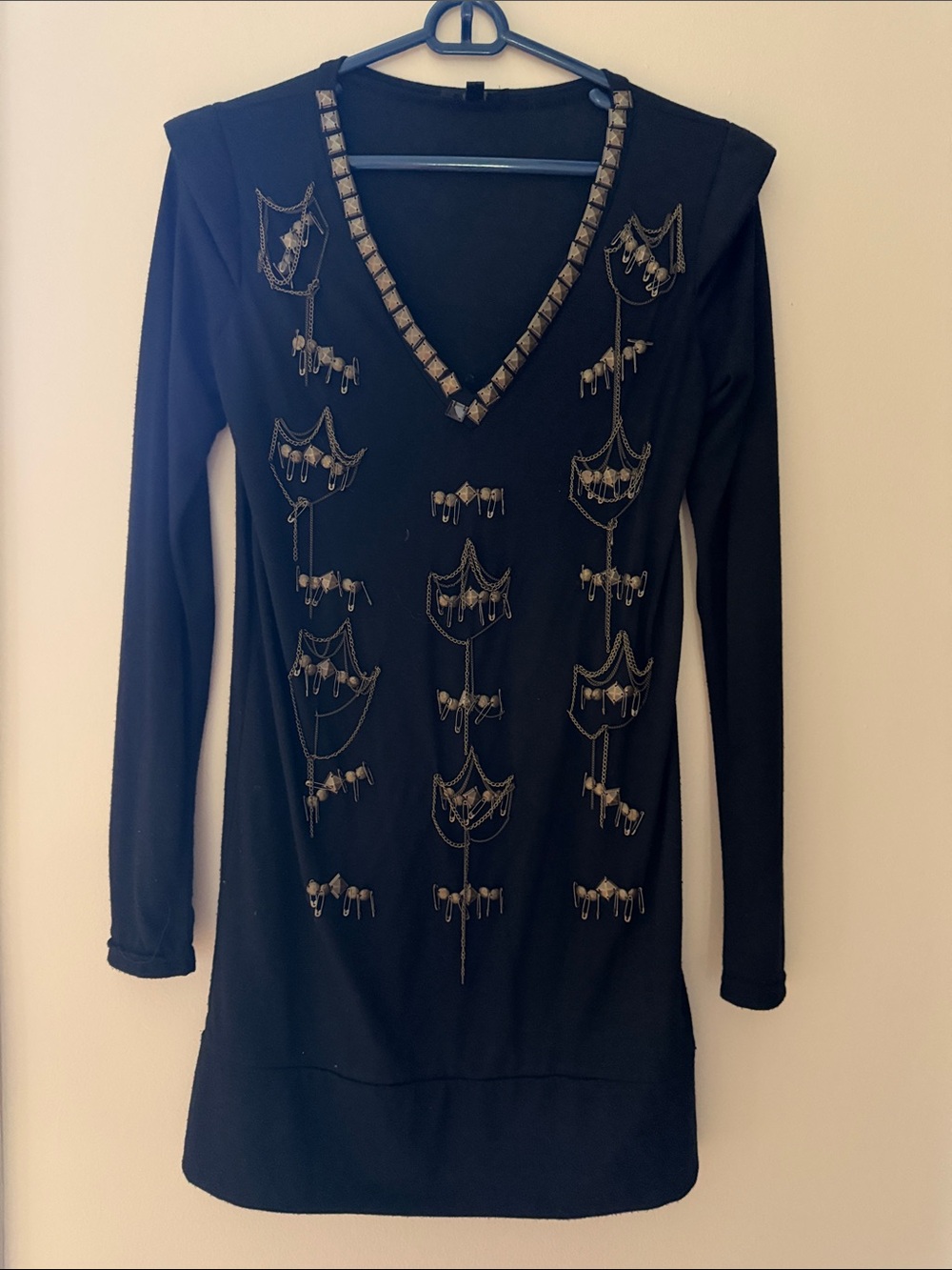 Millau Black Long-Sleeve V-Neck Top with Gold Embellishment